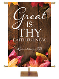 Great is Thy Faithfulness Lamentations 3:23 Autumn Heartland Design A Right rustic dark brown vertical wood planks with autumn maple leaves, 4 leaves in top right corner