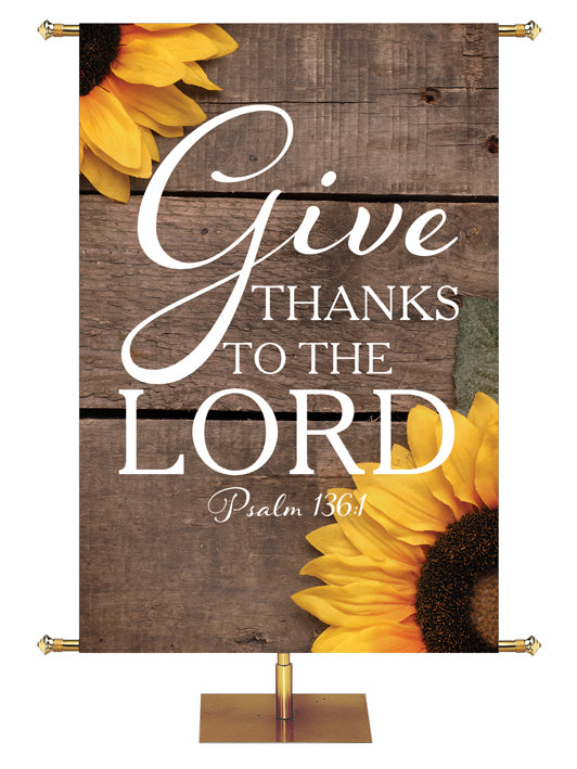 Give Thanks to the Lord  Psalm 136:1 Autumn Heartland Design B Left rustic gray horizontal wood planks with sunflower top left and bottom right