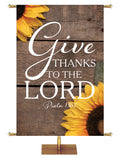 Give Thanks to the Lord  Psalm 136:1 Autumn Heartland Design B Left rustic gray horizontal wood planks with sunflower top left and bottom right