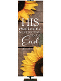 His Mercies Never End  Lamentations 3:22 Autumn Heartland Design B Left rustic gray horizontal wood planks with sunflower top left and bottom right
