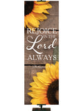 Rejoice in the Lord Always Philippians 4:4 Autumn Heartland Design B Left rustic gray horizontal wood planks with sunflower top left and bottom right