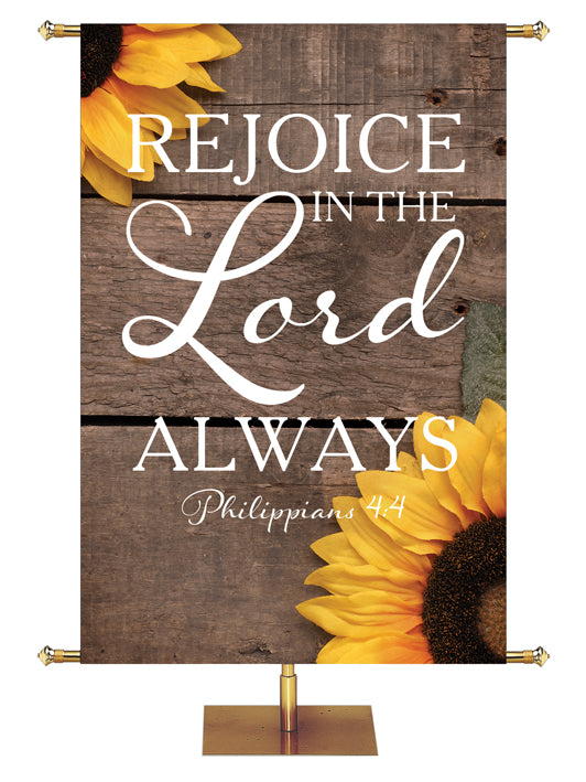Rejoice in the Lord Always Philippians 4:4 Autumn Heartland Design B Left rustic gray horizontal wood planks with sunflower top left and bottom right