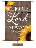 Rejoice in the Lord Always Philippians 4:4 Autumn Heartland Design B Left rustic gray horizontal wood planks with sunflower top left and bottom right