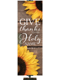 Give Thanks to His Holy Name Psalm 30:4 Autumn Heartland Design B Right rustic gray horizontal wood planks with sunflower top right and bottom left