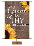 Great is Thy Faithfulness Lamentations 3:23 Autumn Heartland Design B Right rustic gray horizontal wood planks with sunflower top right and bottom left