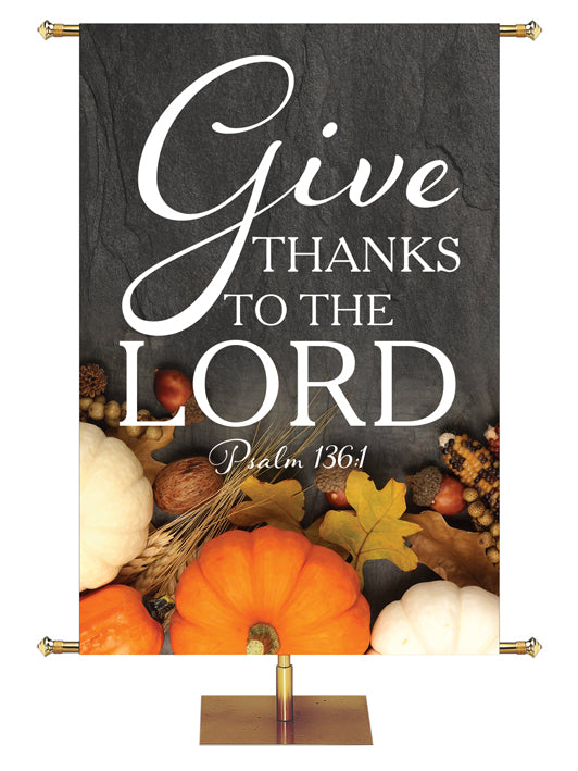 Give Thanks to the Lord Psalm 136:1 Autumn Heartland Design C Left rustic gray Design with white Pumpkins and autumn decor on bottom left