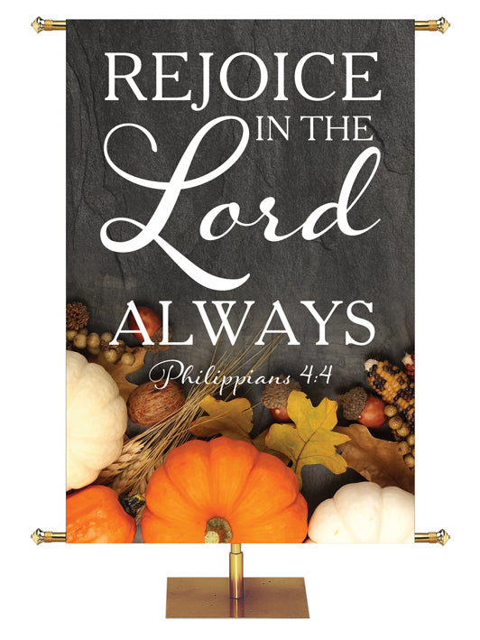 Rejoice in the Lord Always Philippians 4:4 Autumn Heartland Design C Left rustic gray Design with white Pumpkins and autumn decor on bottom left