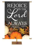 Rejoice in the Lord Always Philippians 4:4 Autumn Heartland Design C Left rustic gray Design with white Pumpkins and autumn decor on bottom left