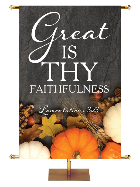 Give Thanks to His Holy Name Psalm 30:4 Autumn Heartland Design C Right rustic gray Design with white Pumpkins and autumn decor on bottom right