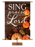 Sing Praises to the Lord Psalm 30:4 Autumn Heartland Design D Left Psalm 30:4 rustic dark brown horizontal wood planks with multicolor pumpkins and autumn decor on right side