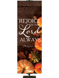 Rejoice in the Lord Always Philippians 4:4 Autumn Heartland Design D Left rustic dark brown horizontal wood planks with multicolor pumpkins and autumn decor on right side