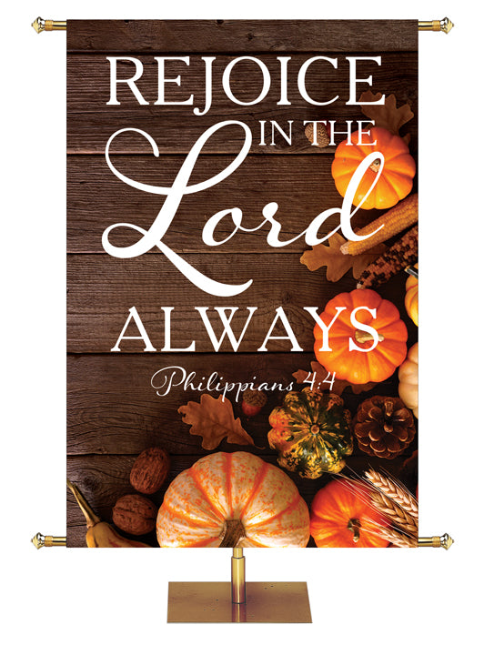 Rejoice in the Lord Always Philippians 4:4 Autumn Heartland Design D Left rustic dark brown horizontal wood planks with multicolor pumpkins and autumn decor on right side