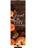 Great is Thy Faithfulness Lamentations 3:23 Autumn Heartland Design D Right rustic dark brown horizontal wood planks with multicolor pumpkins and autumn decor on left side