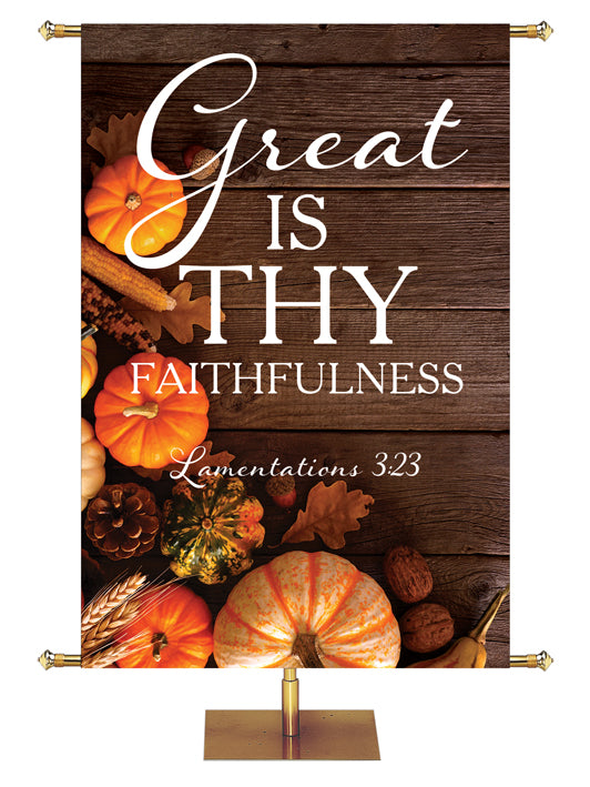Great is Thy Faithfulness Lamentations 3:23 Autumn Heartland Design D Right rustic dark brown horizontal wood planks with multicolor pumpkins and autumn decor on left side