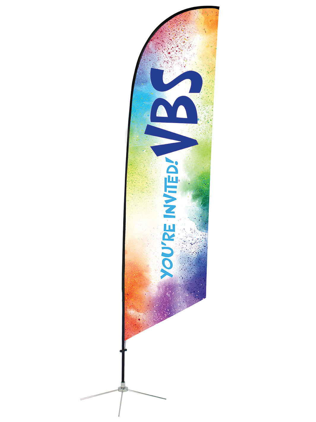 You're Invited VBS on Angled Feather Flag with colorful clouds