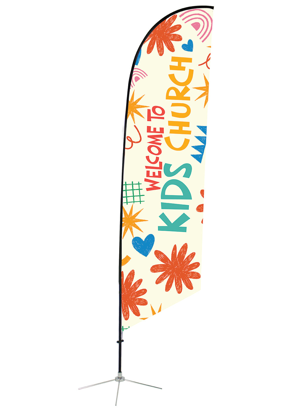 Welcome to Kids Church on Angled Feather Flag with crayon doodle design