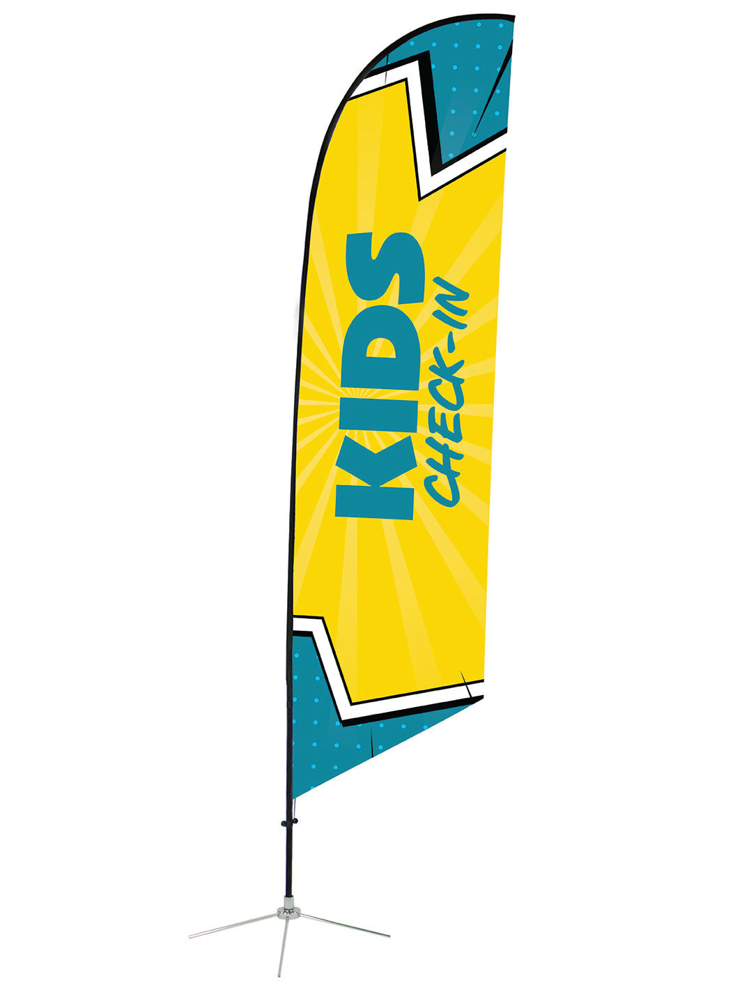 Kids Check-In on Angled Feather Flag with comic book design