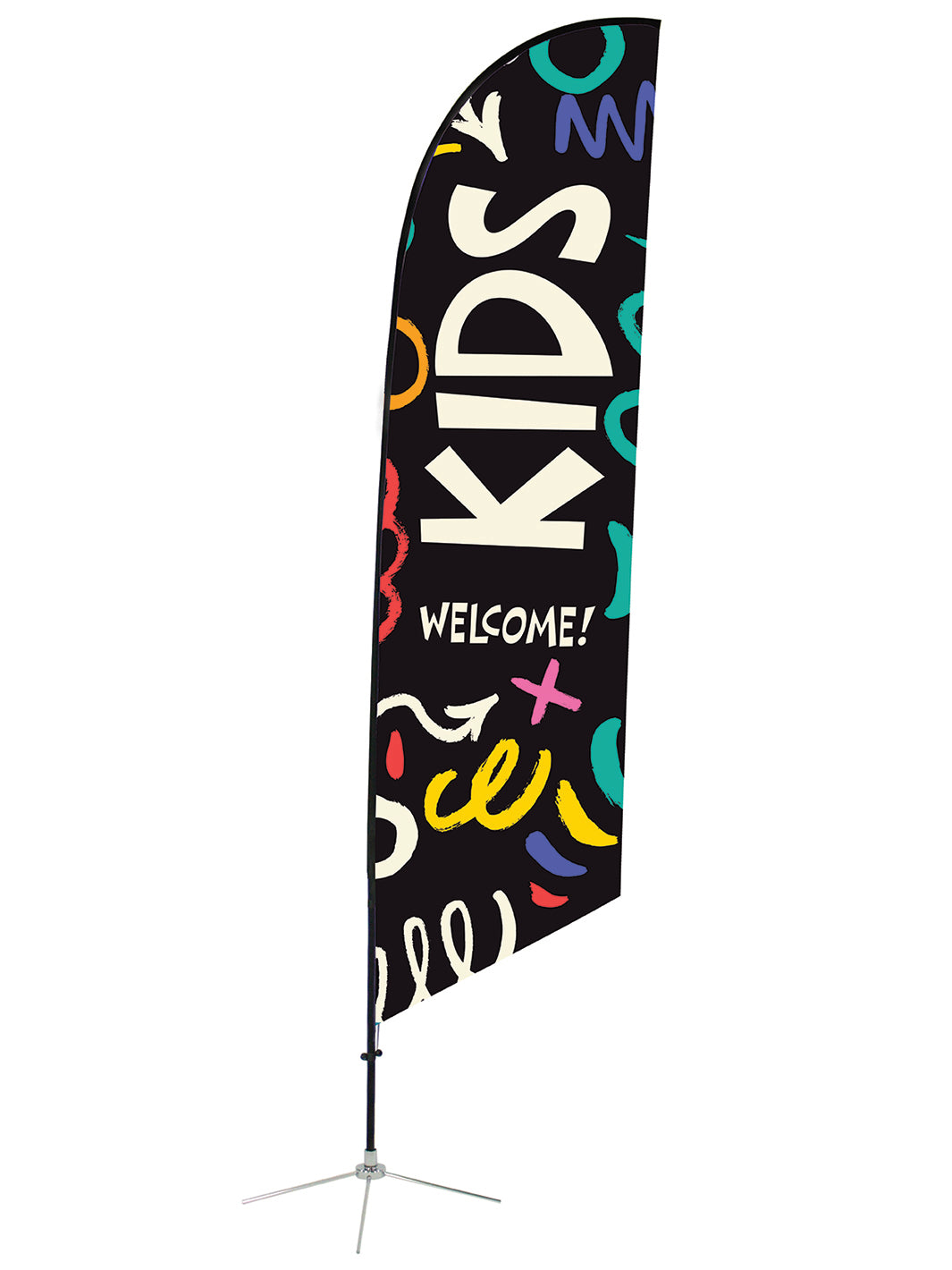 Welcome Kids on Angled Feather Flag with doodle marker design