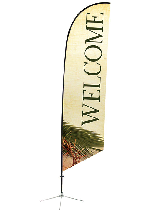 Welcome Angled Feather Flag in Rustic Easter theme on linen-look background with Palm and Crown of Thorns