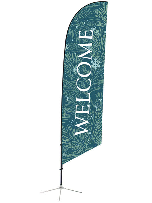 Welcome in White Letters on Blue Angled Feather Flag with Evergreen branches and snowflakes