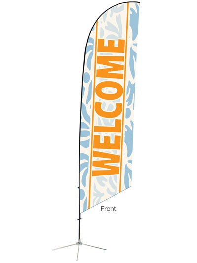Angled Feather Flag Welcome in Mango on White with Blue Flower Petals