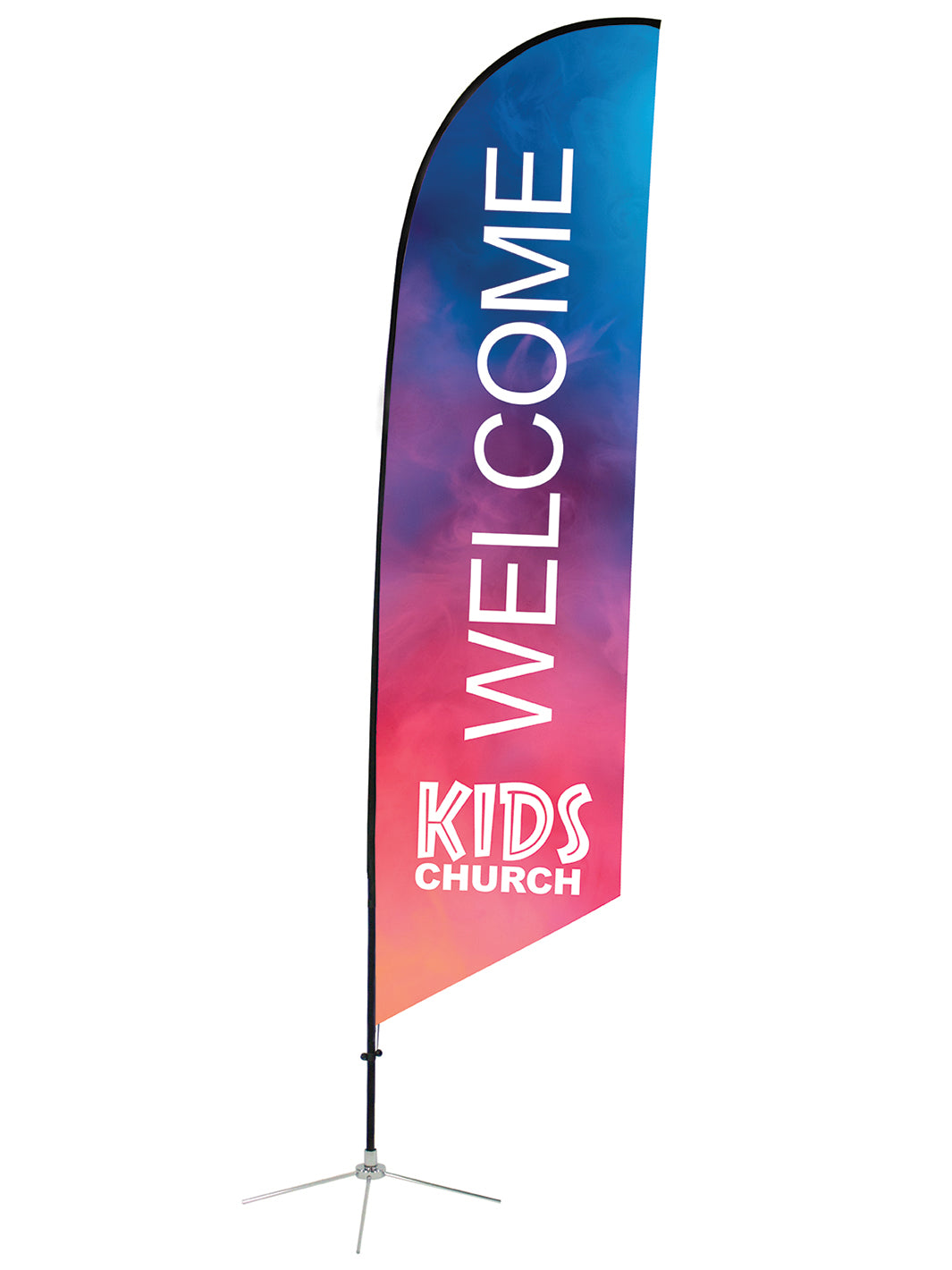 Angled Feather Flag with Welcome Kids Church on colorful background