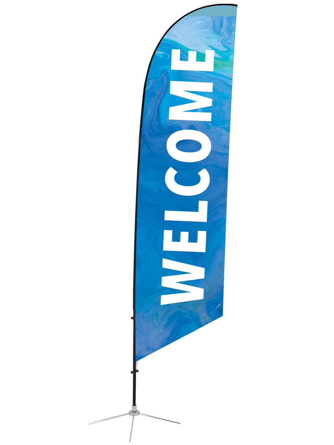 Church Welcome Angled Feather Flag. Gospel Impressions design in Blue, Purple, Red and Teal