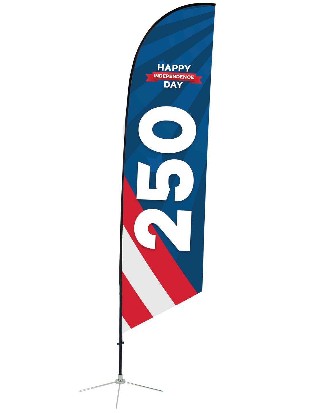 Patriotic Angled Feather Flag Red and white stripes bottom, blue stripes top. Text reads “Happy Independence Day” at the top.  A large “250” reads vertically.
