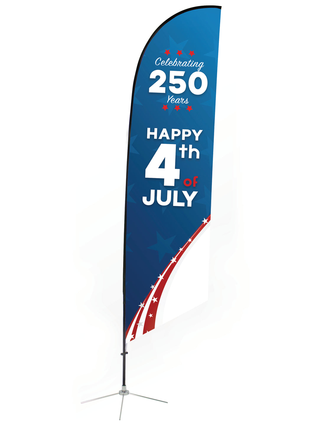 Patriotic Angled Feather Flag Blue background with stars, red and white swoop coming up from the bottom. Text reads “Celebrating 250 Years…Happy 4th of July"