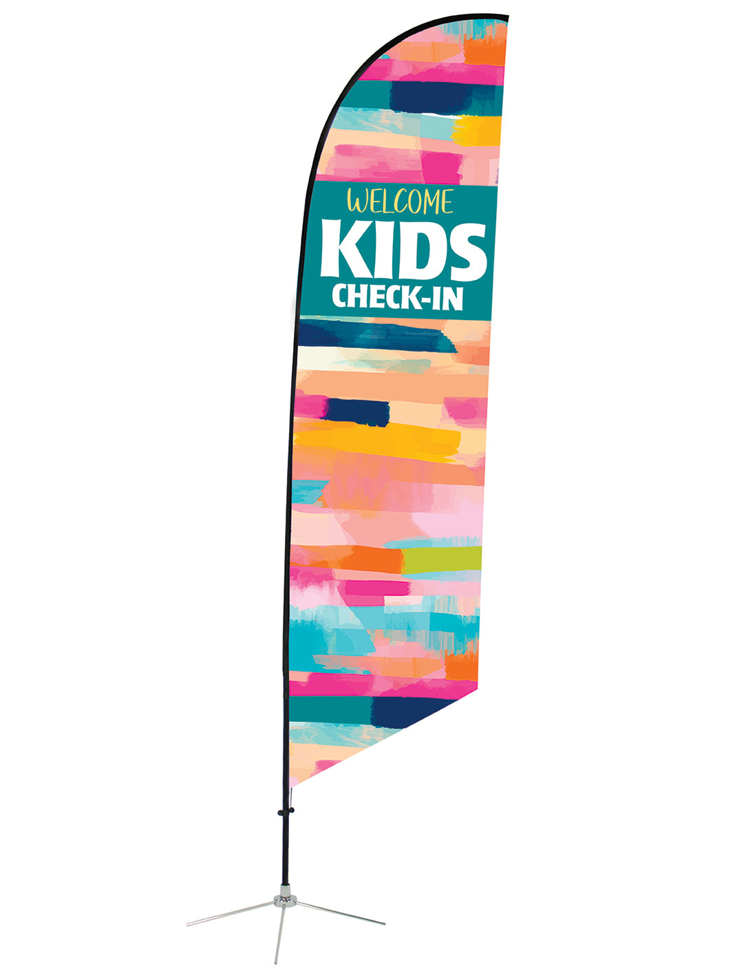 Angled Feather Flag with bright Pastel Stripes saying Welcome Kids Check-In