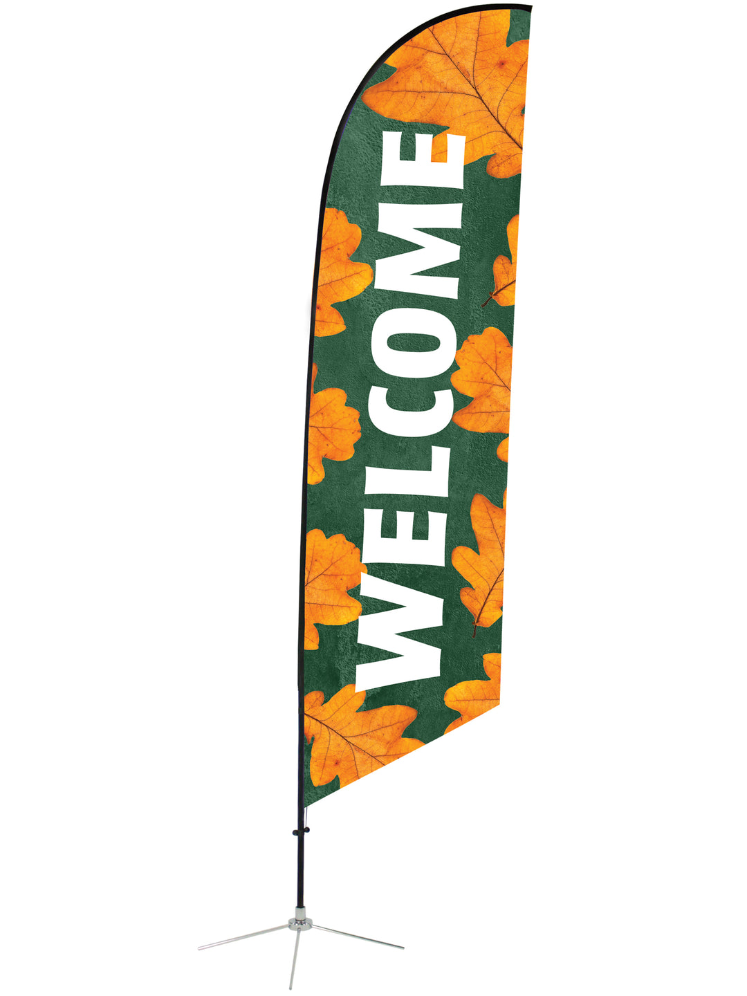 Welcome Angled Feather Flag Fall Design 9. Oak Leaves on Green Banner