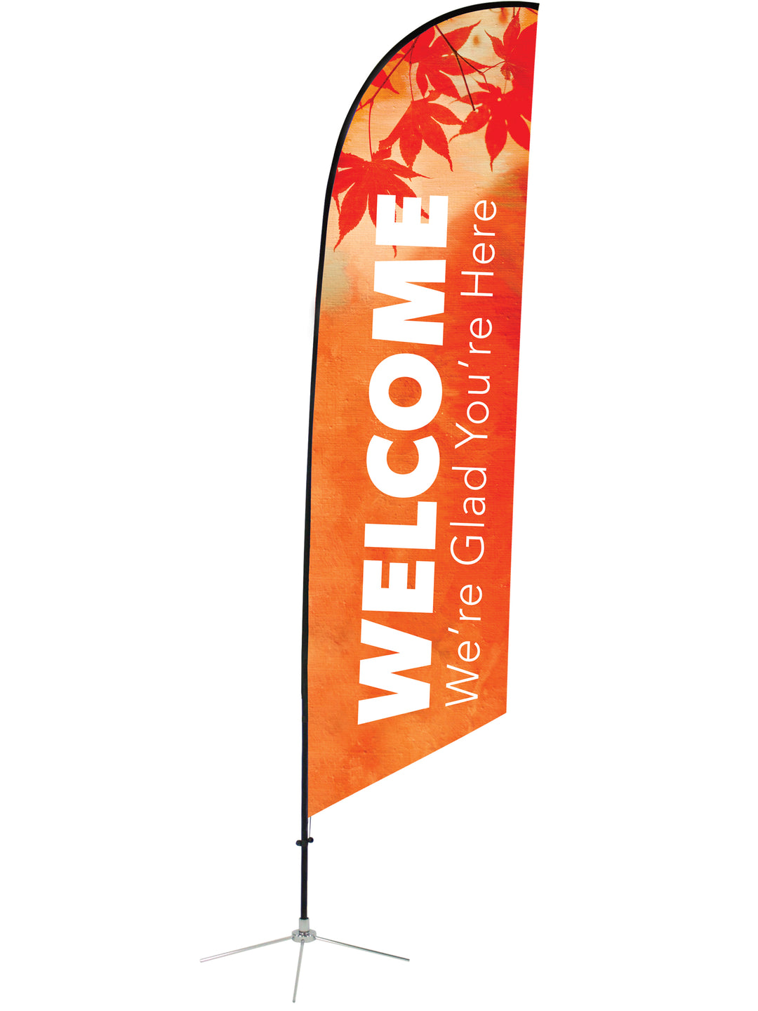 Welcome We're Glad You're Here Angled Feather Flag Fall Design 10. Colorful Autumn Leaves.