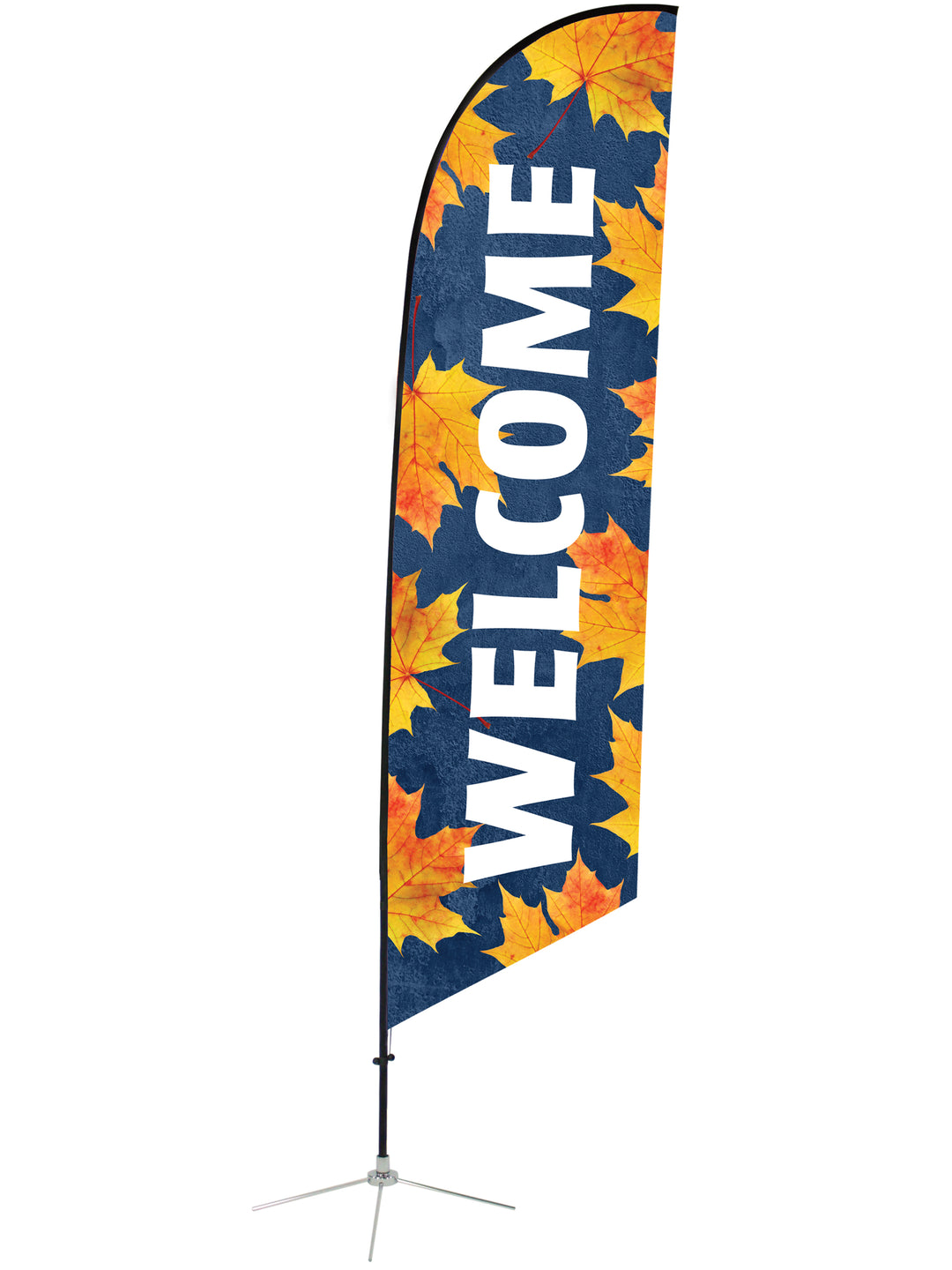 Angled Feather Flag Fall Design 13. Autumn Maple Leaves on Blue Feather Welcome Banner