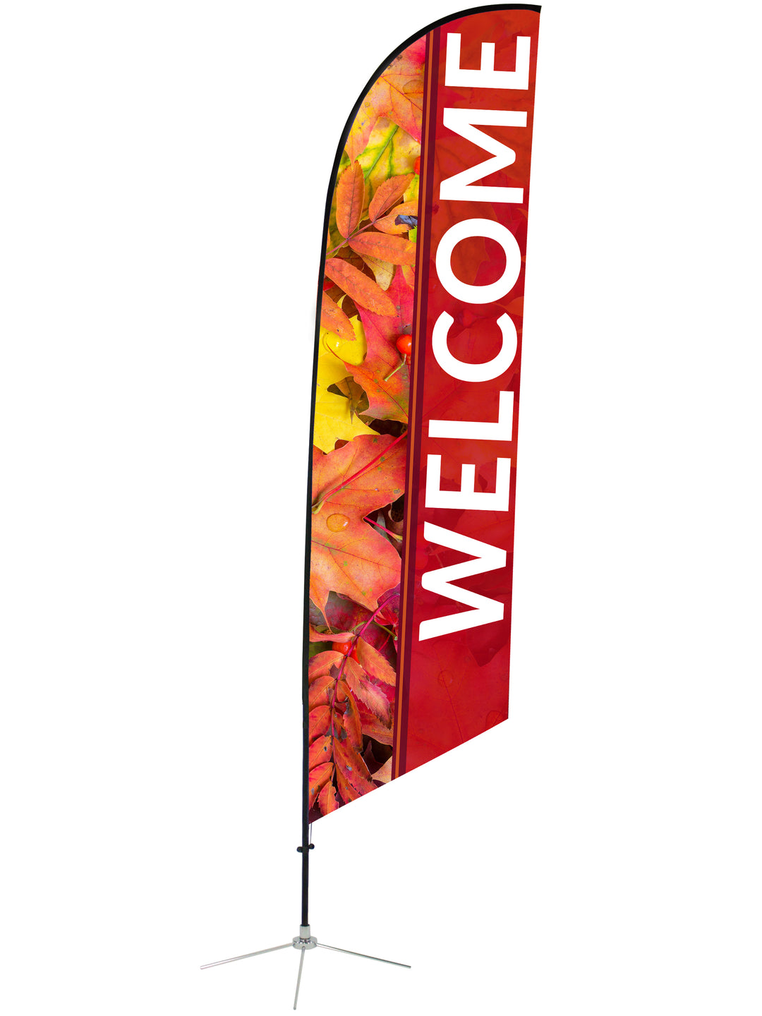 Welcome Angled Feather Flag Fall Design 15. Fall and Autumn Leaves Welcome Feather Banner in Red