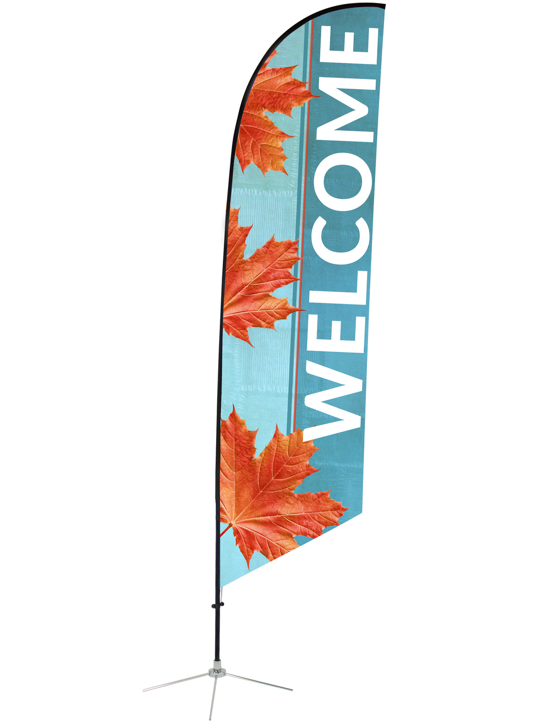 Welcome Angled Feather Flag Fall Design 17. Red Maple Leaves on Blue Attention Feather Banner