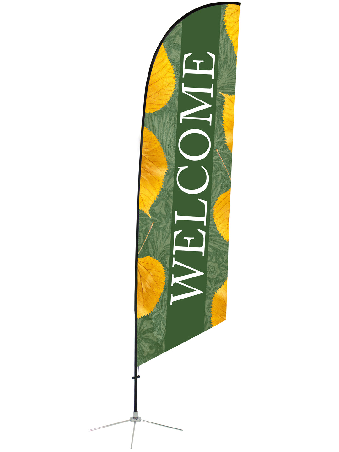 Welcome Angled Feather Flag Fall Design 19. Delicate Autumn Leaves on Green Feather Banner