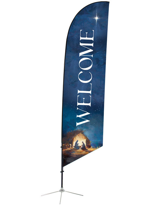 Welcome in White letters on Blue Angled Feather Flag with Nativity Manger Scene Heavenly Peace