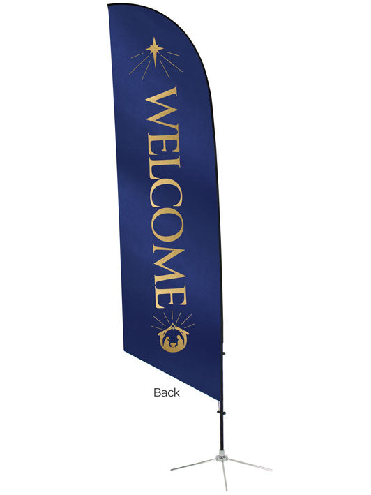 Angled Feather Flag with Welcome and Manger Scene and New Star in on Blue back