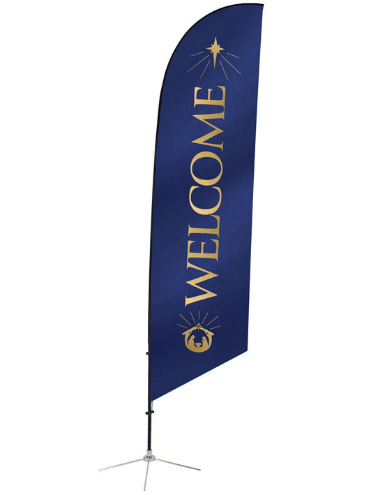 Angled Feather Flag with Welcome and Manger Scene and New Star in on Blue front