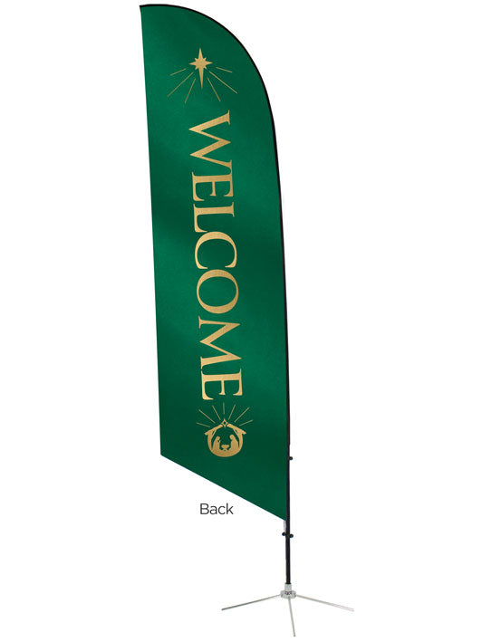 Angled Feather Flag with Welcome and Manger Scene and New Star in on  Green back