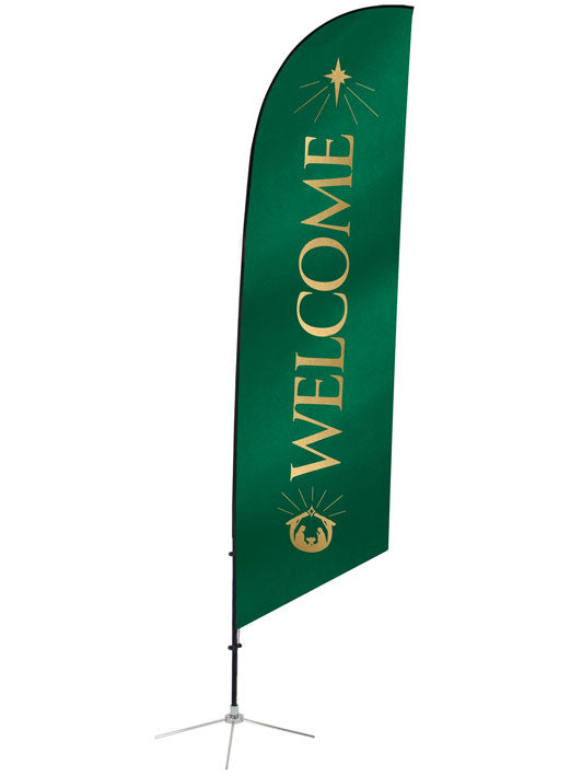 Angled Feather Flag with Welcome and Manger Scene and New Star in on  Green front side