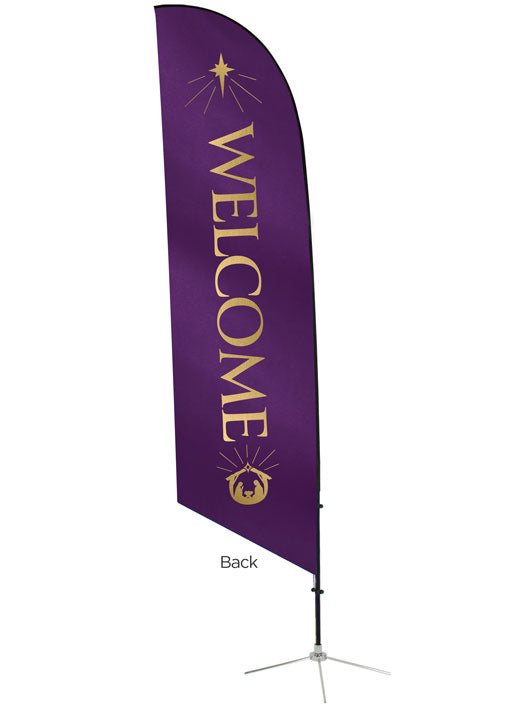 Angled Feather Flag with Welcome and Manger Scene and New Star in on Purple back