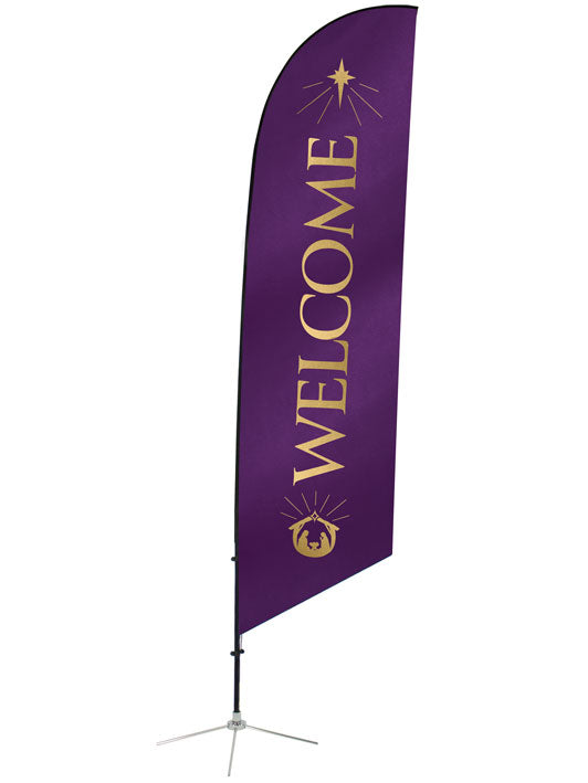 Angled Feather Flag with Welcome and Manger Scene and New Star in on Purple front