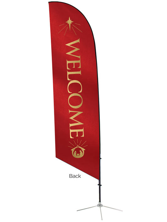 Angled Feather Flag with Welcome and Manger Scene and New Star in on Red back
