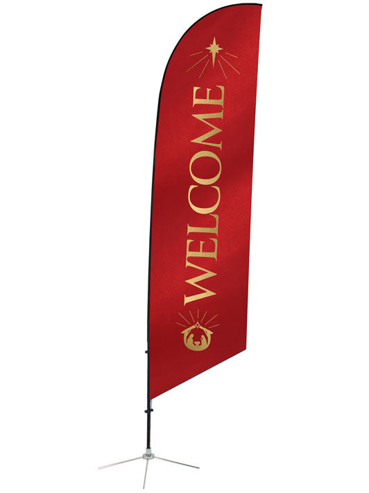 Angled Feather Flag with Welcome and Manger Scene and New Star in on Red front