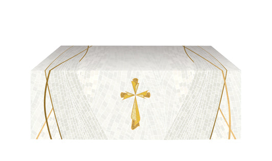 Altar Frontal Cloth Christmas Mosaic Design Cross Symbol in Gold on Blue, Green, Purple, Red, or White Banner
