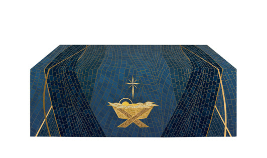 Altar Frontal Cloth Christmas Mosaic Design Manger Symbol in Gold on Blue, Green, Purple, Red, or White Banner