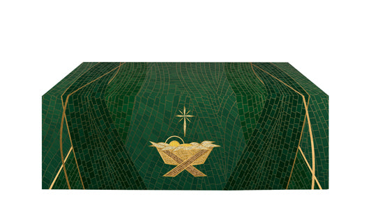 Altar Frontal Cloth Christmas Mosaic Design Manger Symbol in Gold on Blue, Green, Purple, Red, or White Banner