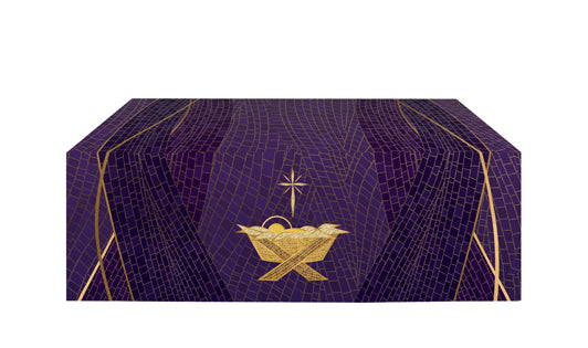 Altar Frontal Cloth Christmas Mosaic Design Manger Symbol in Gold on Blue, Green, Purple, Red, or White Banner