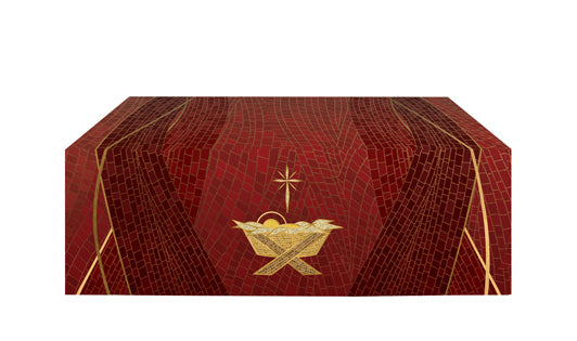 Altar Frontal Cloth Christmas Mosaic Design Manger Symbol in Gold on Blue, Green, Purple, Red, or White Banner